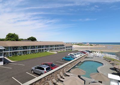 View from balcony, looking toward the Oceanside Building, Ogunquit's Main Beach, and our pool.