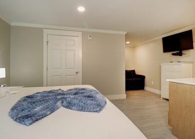 Room 77, view from the door, including the bed, wet bar and loveseat, which folds out to a twin bed.